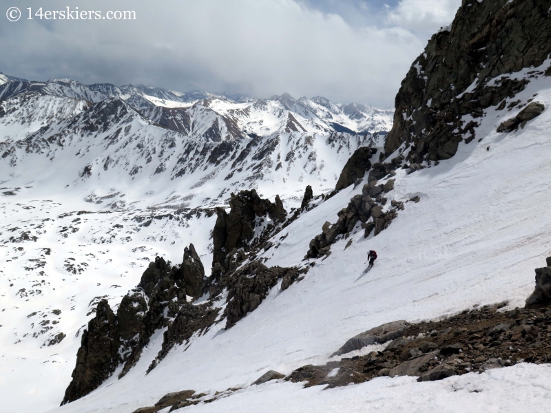 Frank Konsella backcountry skiing in the southeast couloir on La Plata