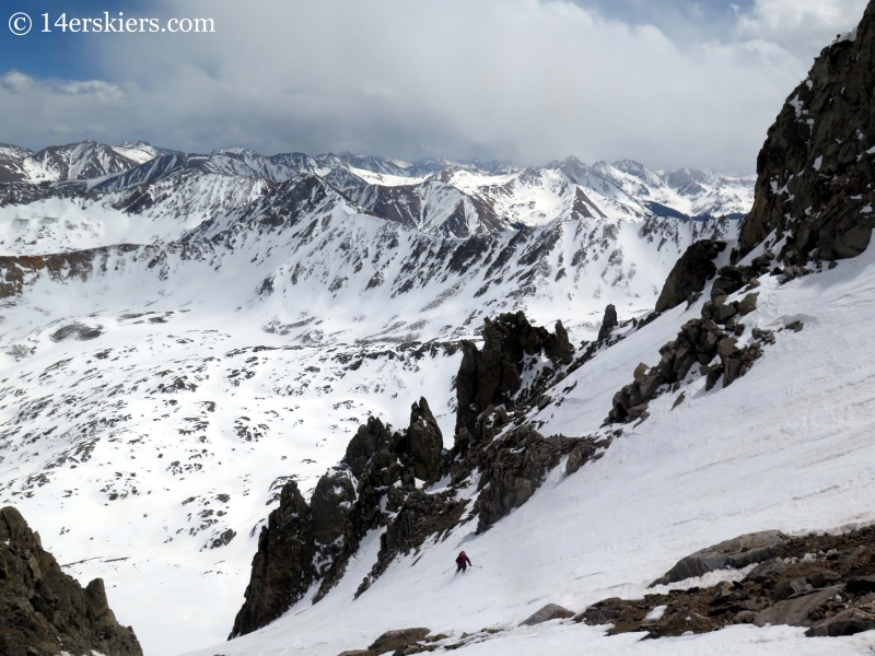 Frank Konsella backcountry skiing in the southeast couloir on La Plata