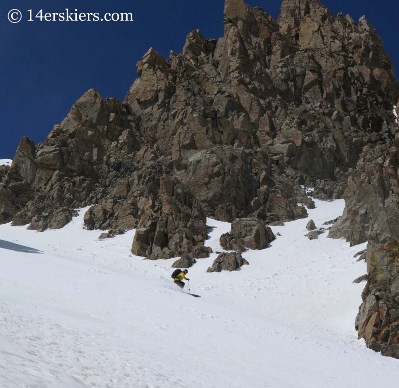 Mark Cavaliero backcountry skiing in the southeast couloir on La Plata