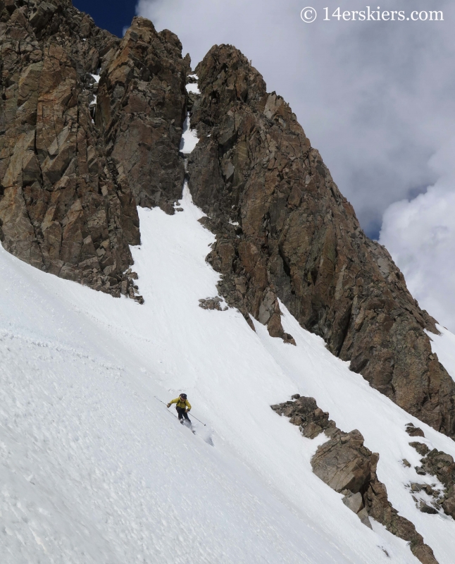 Mark Cavaliero backcountry skiing in the southeast couloir on La Plata