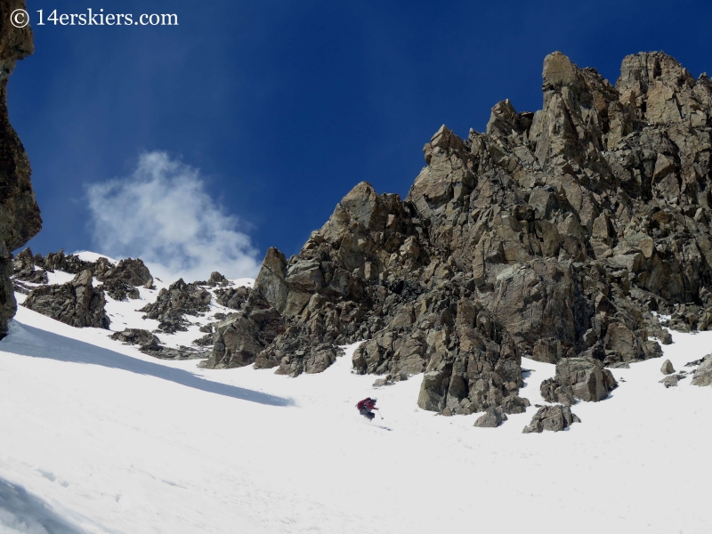 Frank Konsella backcountry skiing in the southeast couloir on La Plata