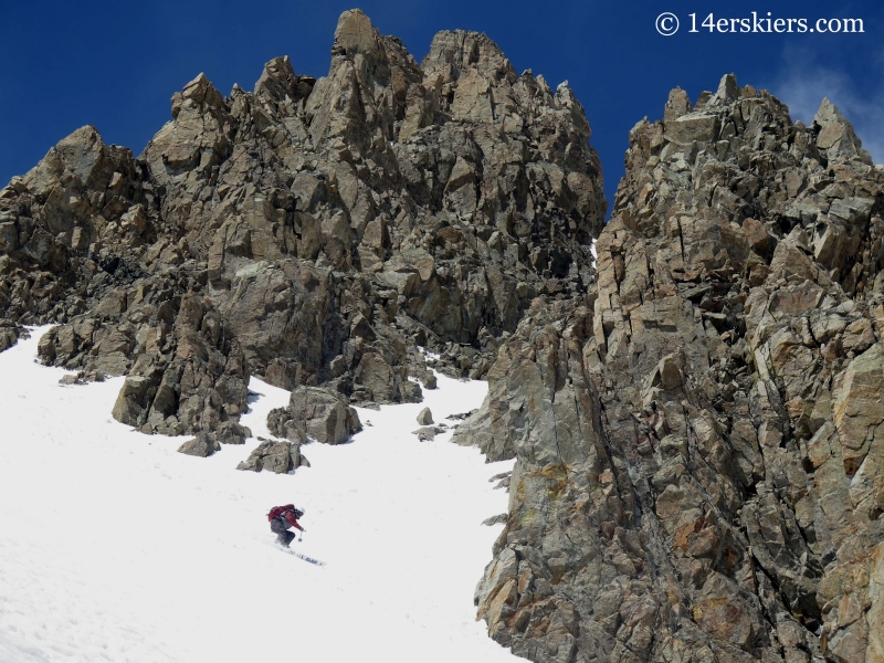 Frank Konsella backcountry skiing in the southeast couloir on La Plata