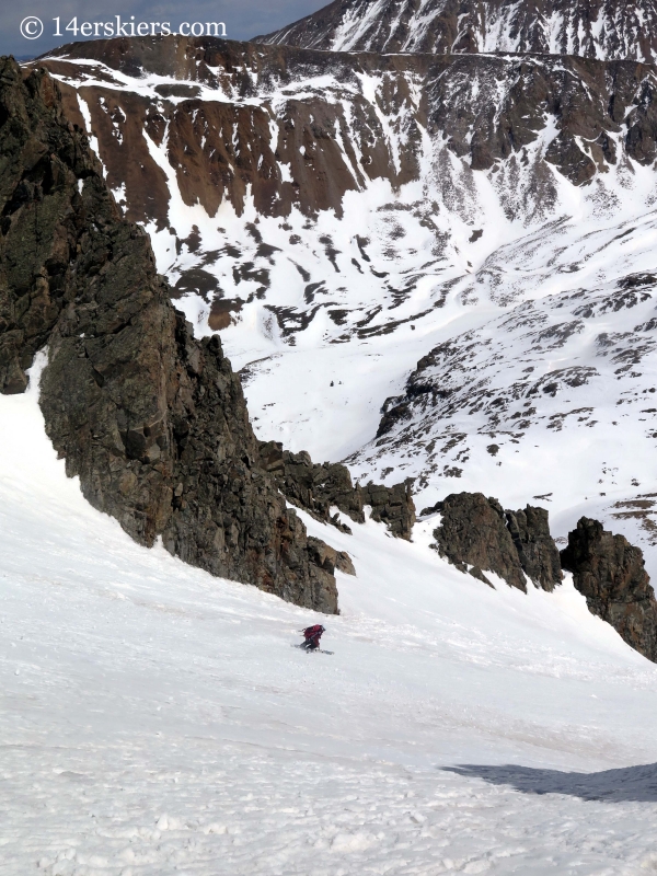 Frank Konsella backcountry skiing in the southeast couloir on La Plata