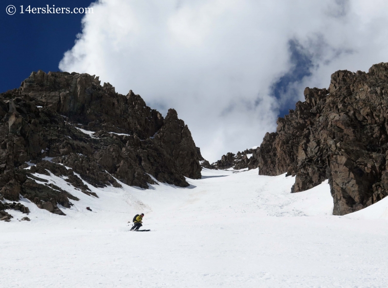 Mark Cavaliero backcountry skiing in the southeast couloir on La Plata