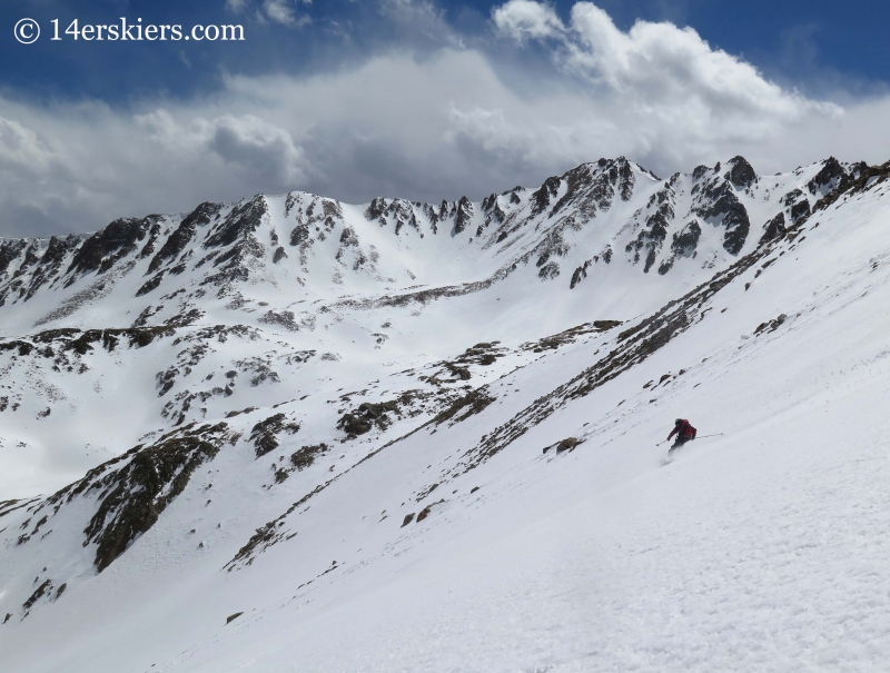 Brittany Konsella backcountry skiing in the southeast couloir on La Plata