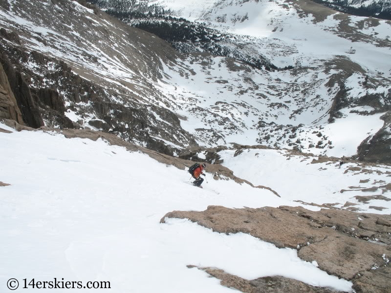 Frank Konsella backcountry skiing Keplinger's Couloir on Longs Peak.