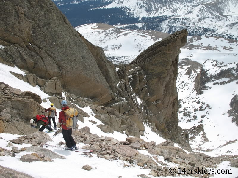 Backcountry skiing Keplinger's Couloir on Longs Peak.