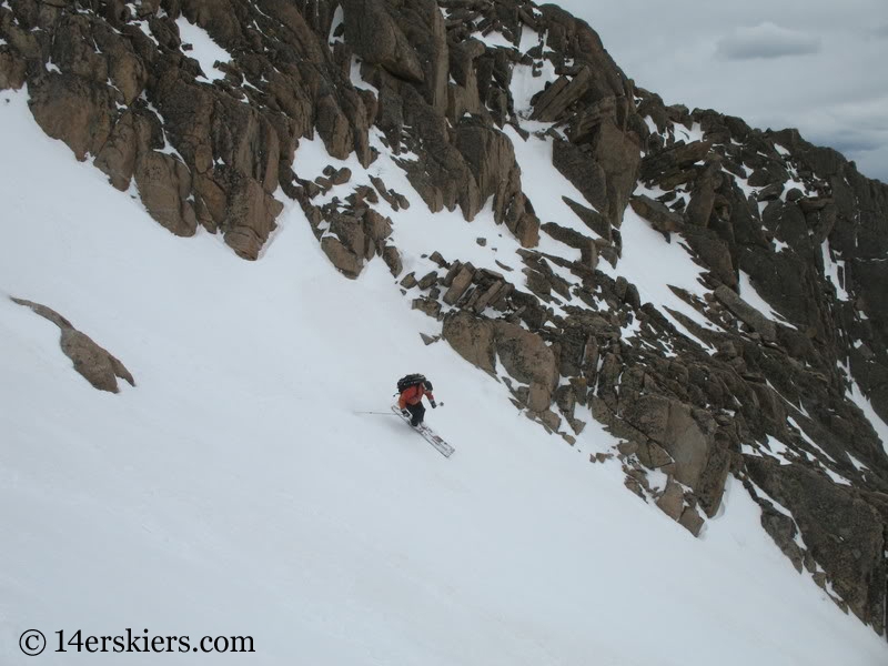 Frank Konsella backcountry skiing Keplinger's Couloir on Longs Peak.