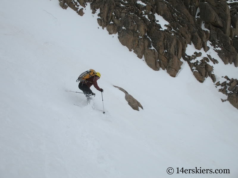 Chris Webster backcountry skiing Keplinger's Couloir on Longs Peak.