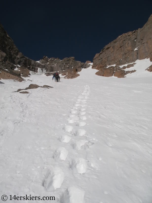 Climbing the Loft on Longs Peak to go skiing.