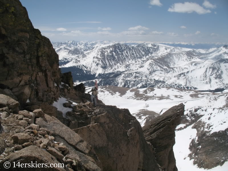 Climbing Longs Peak to ski Keplinger's Couloir.