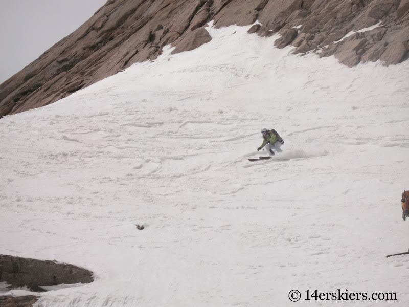 Brittany Walker Konsella backcountry skiing Keplinger's Couloir on Longs Peak.