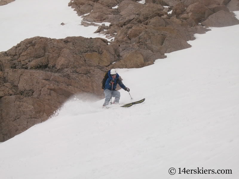 Pete Sowar backcountry skiing Keplinger's Couloir on Longs Peak.