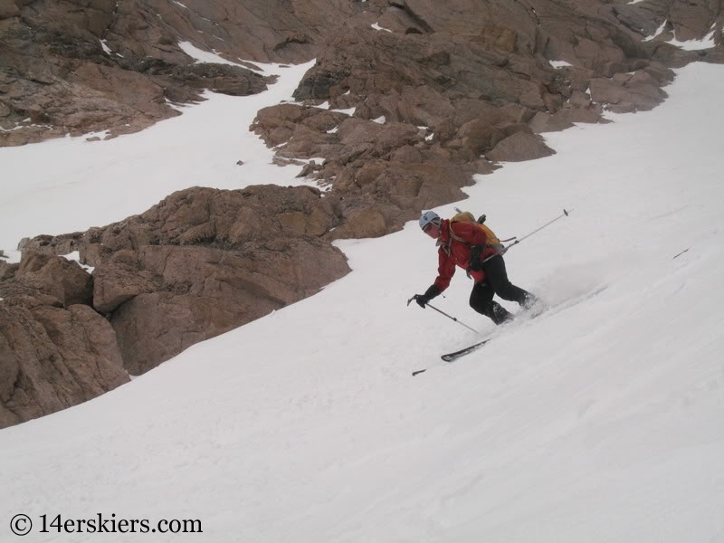 Pam Rice backcountry skiing Keplinger's Couloir on Longs Peak.