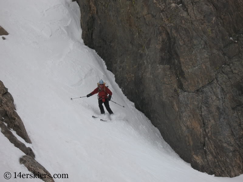 Pam Rice backcountry skiing Keplinger's Couloir on Longs Peak.