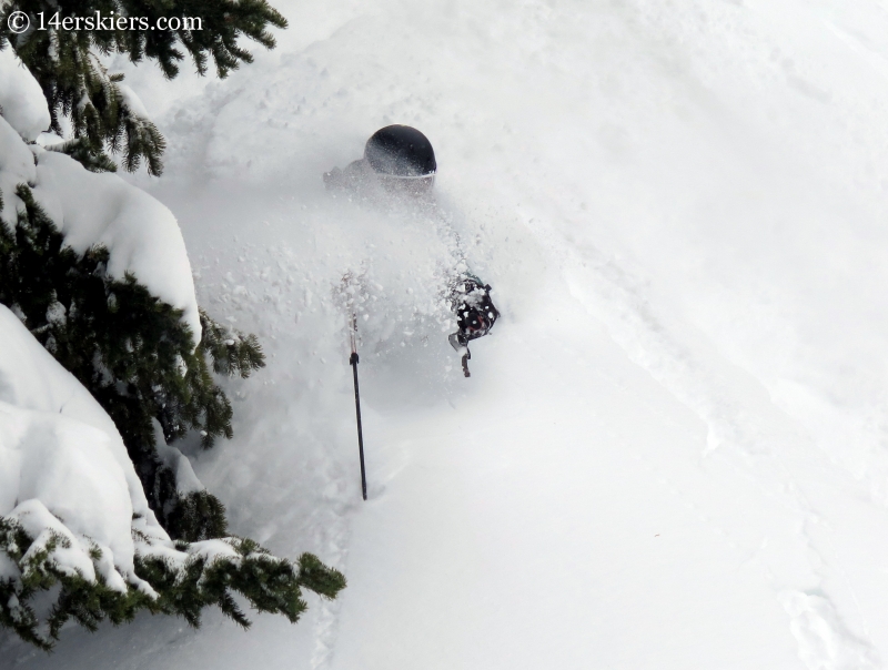 Susan Mol backcountry skiing at Mayflower Gulch. 