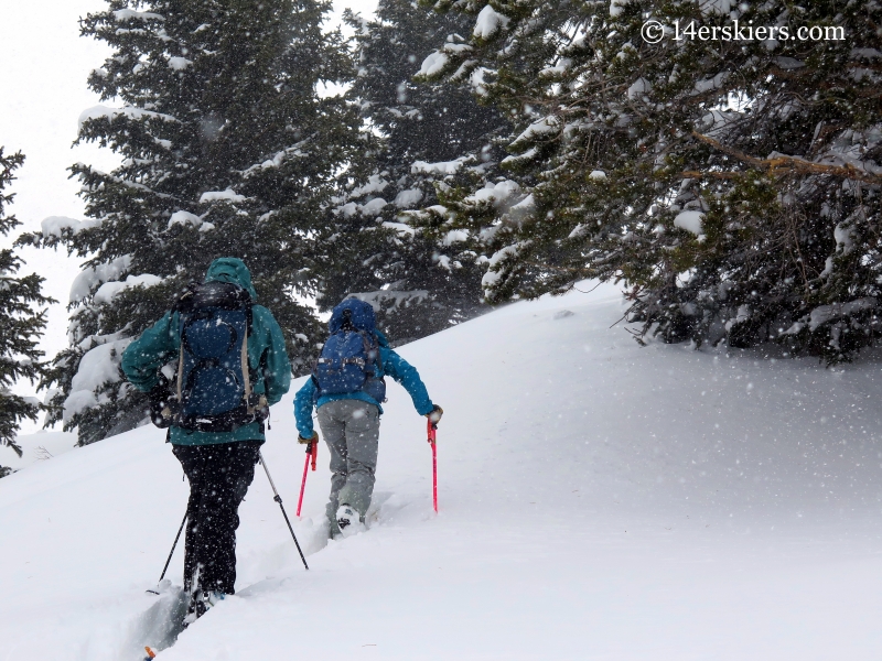 Skinning up to go backcountry skiing at Mayflower Gulch. 