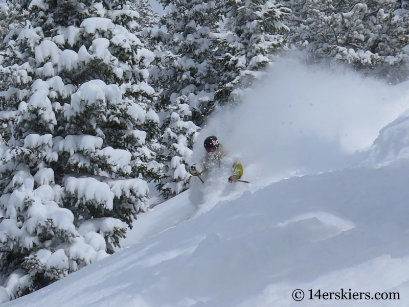 Eliot Rosenberg skiing powder in the Monarch Pass backcountry.