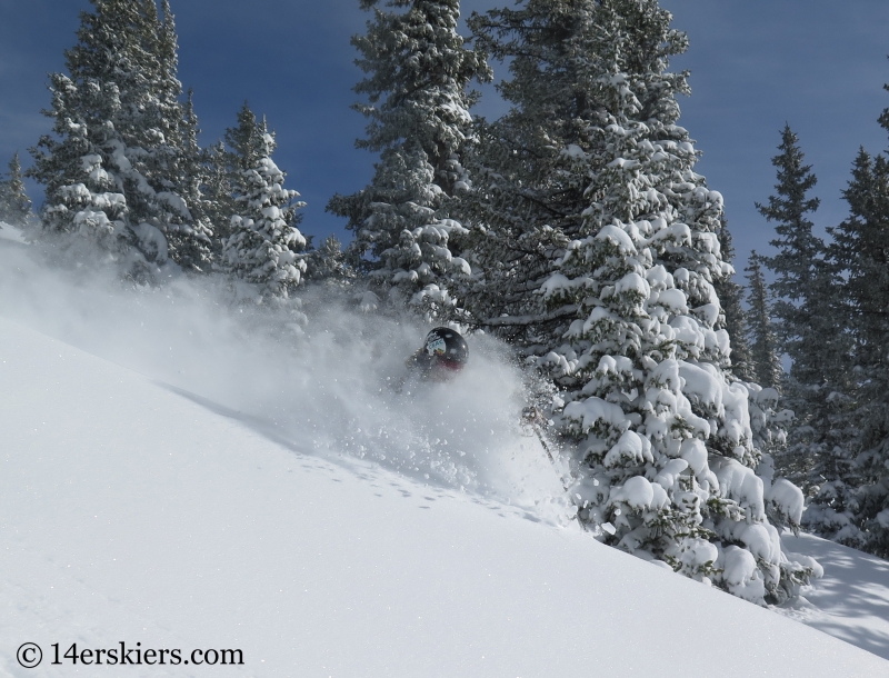 Eliot Rosenberg skiing powder in the Monarch Pass backcountry.