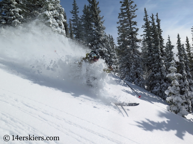 Eliot Rosenberg skiing powder in the Monarch Pass backcountry.