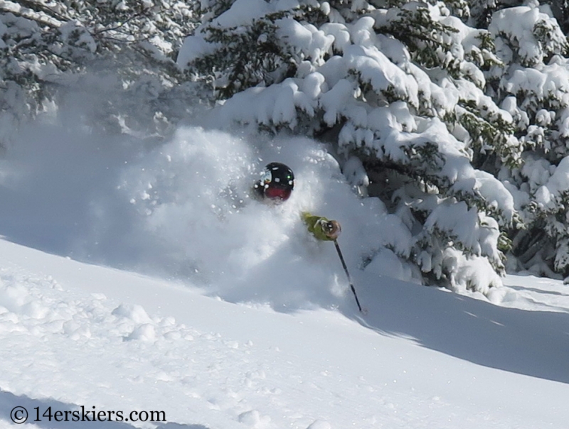 Eliot Rosenberg skiing powder in the Monarch Pass backcountry.