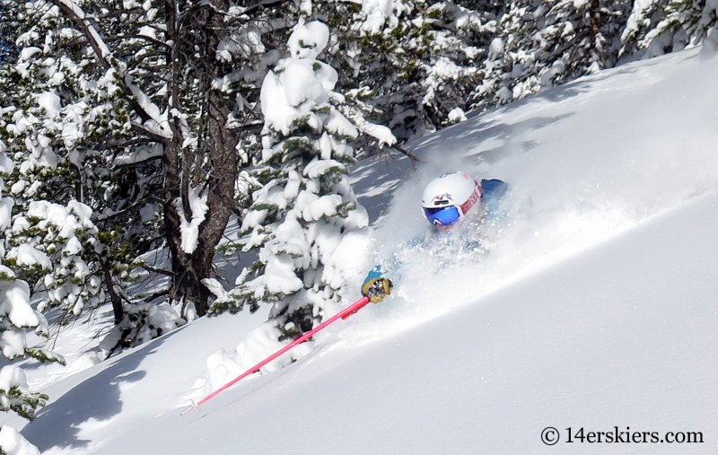 Alex Riedman skiing powder in Monarch Pass backcountry.