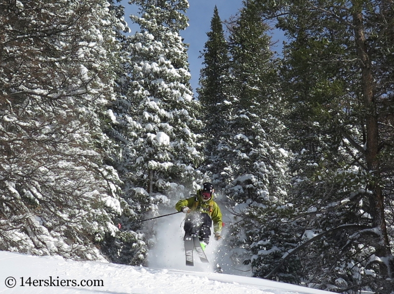 Eliot Rosenberg skiing powder in the Monarch Pass backcountry.