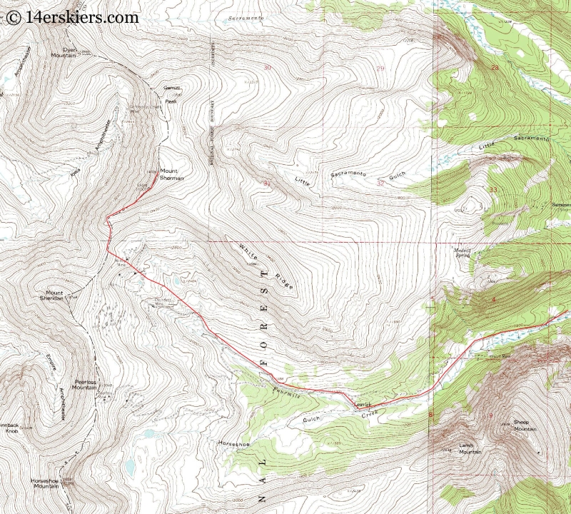 Map of Mount Sherman backcountry skiing route.  