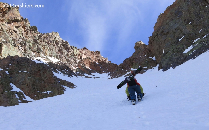 Brittany Konsella climbing Naked Lady couloir near Silverton, CO