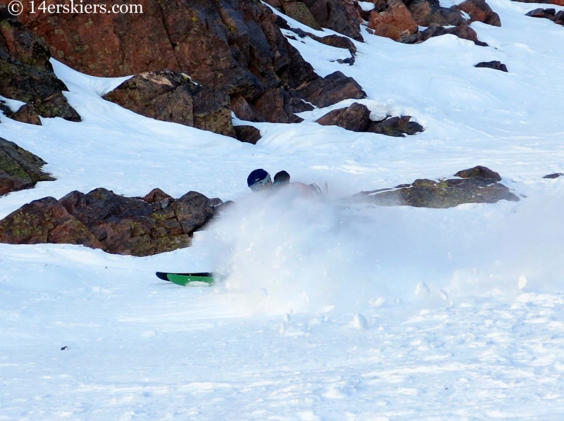 Brittany Konsella skiing Naked Lady couloir in the San Juans. 