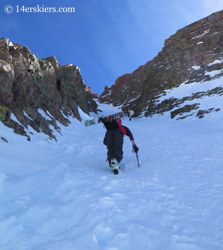 Frank Konsella climbing Naked Lady couloir in the San Juans. 