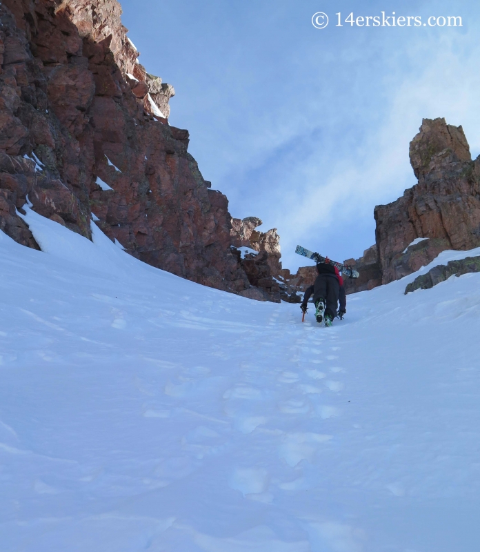 Frank Konsella climbing Naked Lady couloir in the San Juans. 