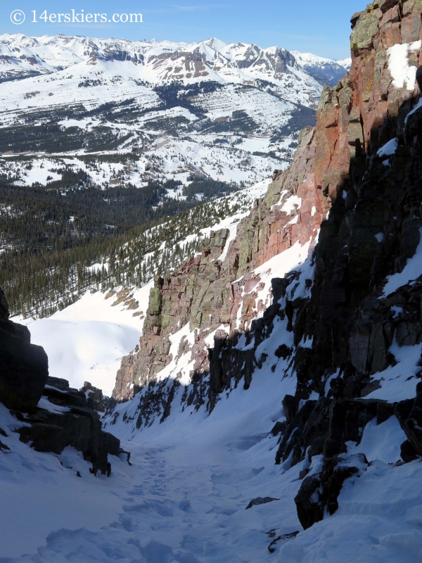 Skiing Naked Lady couloir in the San Juans. 