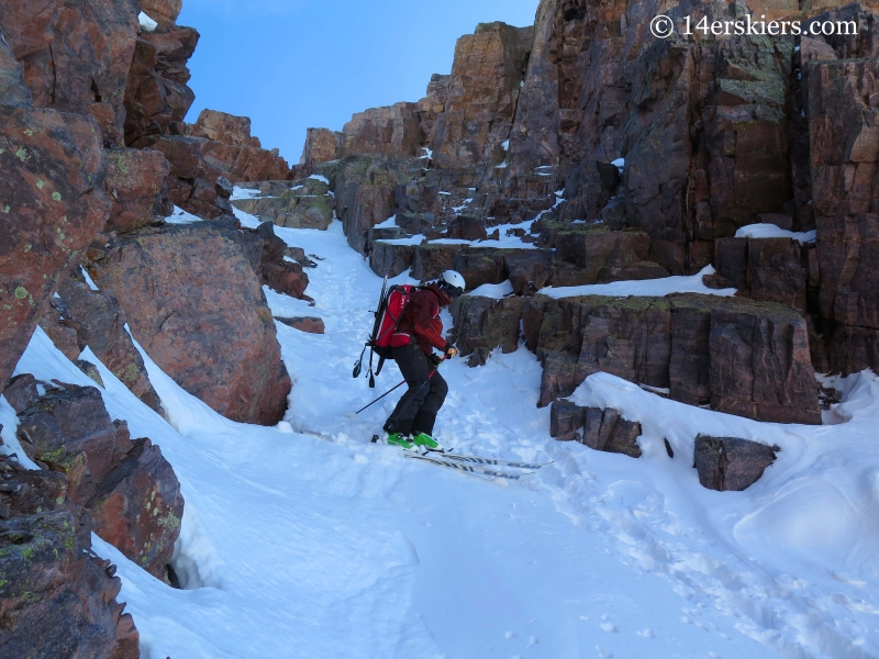 Backcountry skiing Naked Lady couloir near Silverton, CO. 