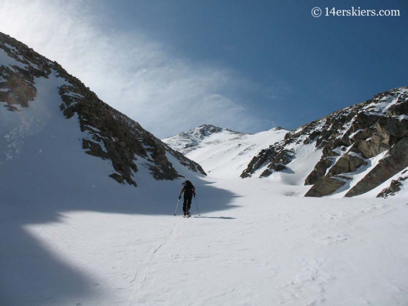 Skinning up Mount Belford to go backcountry skiing. 