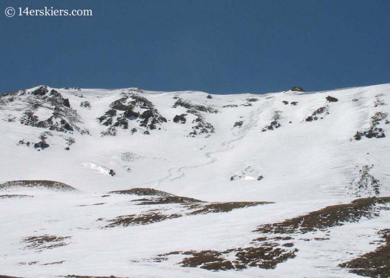 Backcountry skiing tracks on Mount Belford