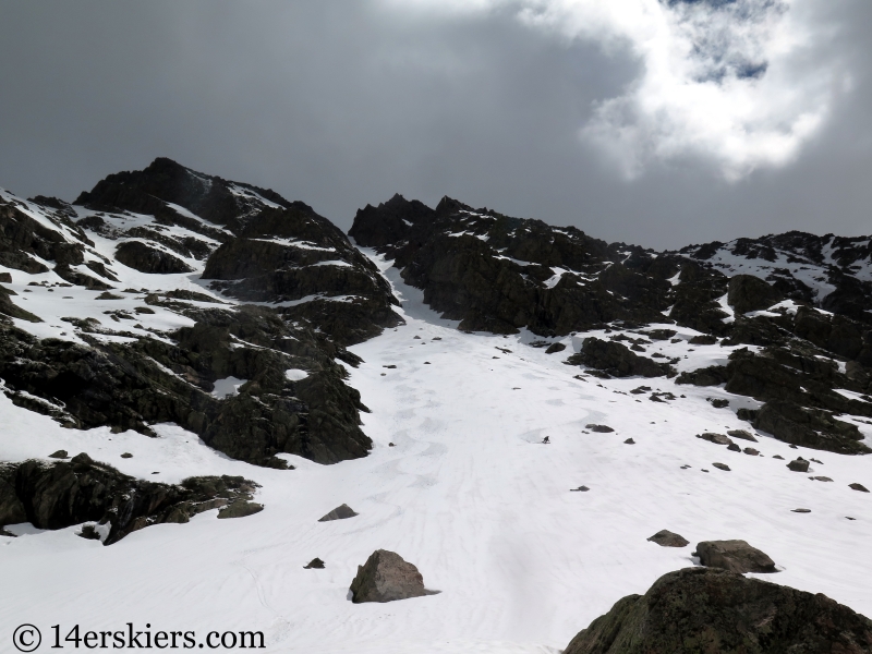 Backcountry skiing CC Rider Couloir on Peak C.