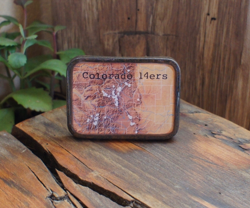 colorado 14ers map belt buckle