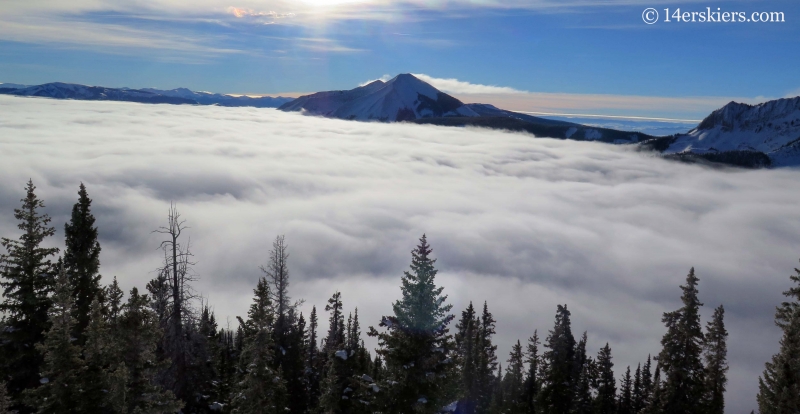 Thick fog surrounding Whetstone in winter while backcountry skiing in Crested Butte