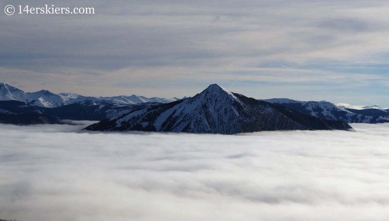 Mount Crested Butte in winter with fog. 