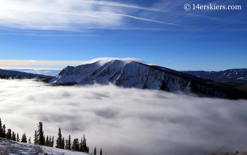 Axtell with fog in winter while backcountry skiing in Crested Butte. 