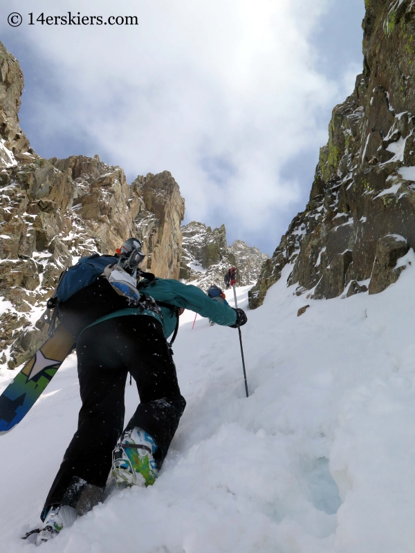 Susan Mol climbing Shit for Brains Couloir. 