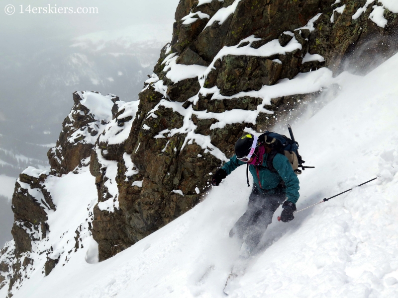 Susan Mol backcountry skiing on Shit for Brains Couloir