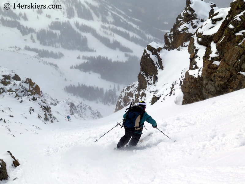 Susan Mol backcountry skiing on Shit for Brains Couloir