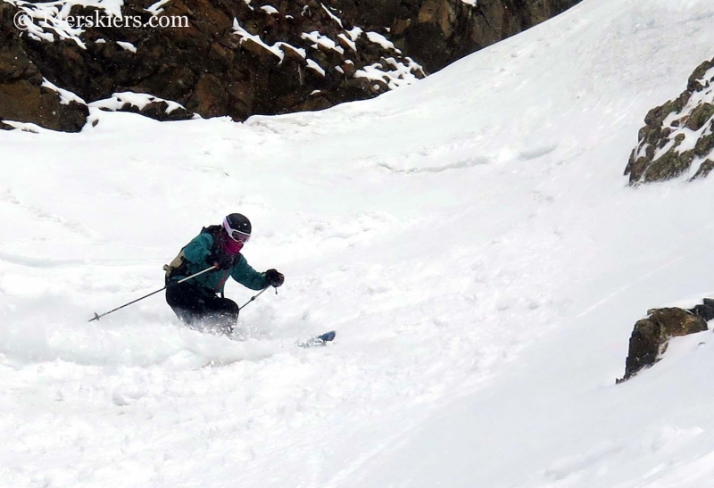 Susan Mol backcountry skiing on Shit for Brains Couloir