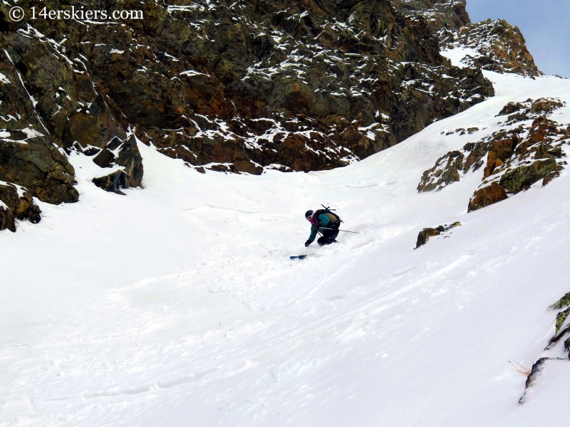 Susan Mol backcountry skiing on Shit for Brains Couloir