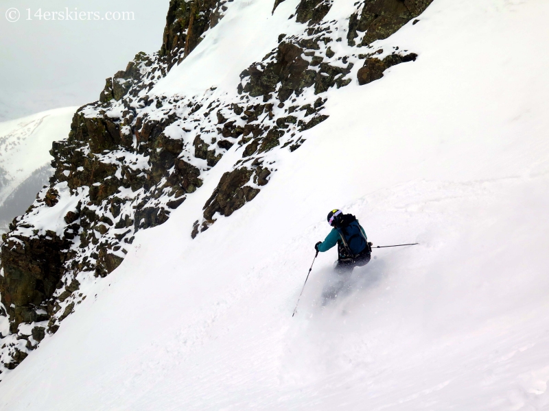 Susan Mol backcountry skiing on Shit for Brains