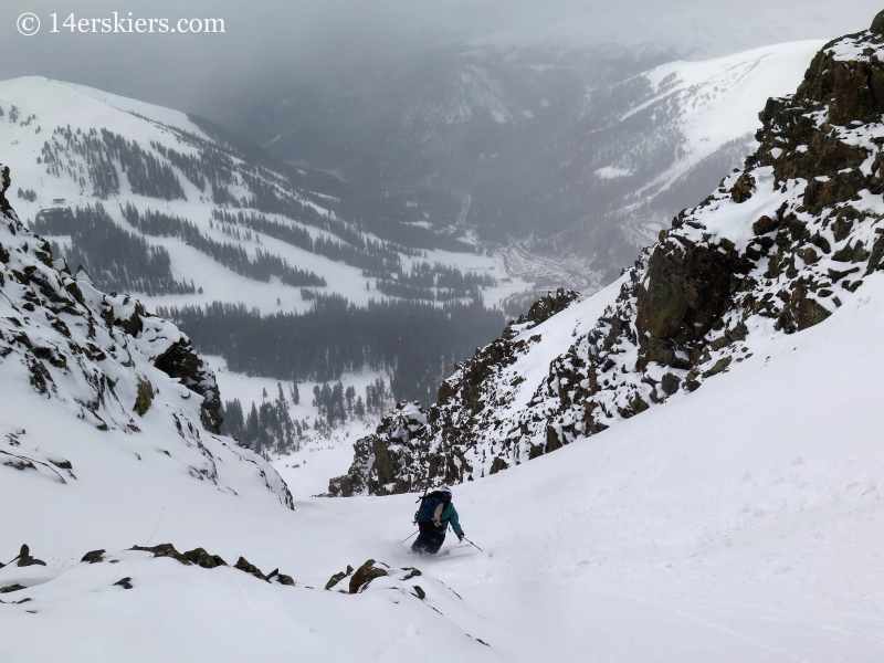 Susan Mol backcountry skiing on Shit for Brains Couloir