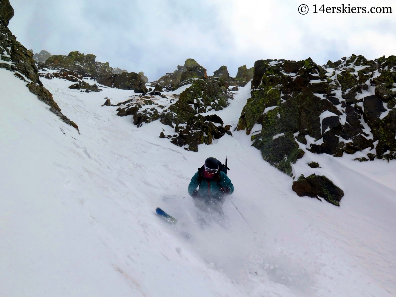 Susan Mol backcountry skiing on Shit for Brains Couloir