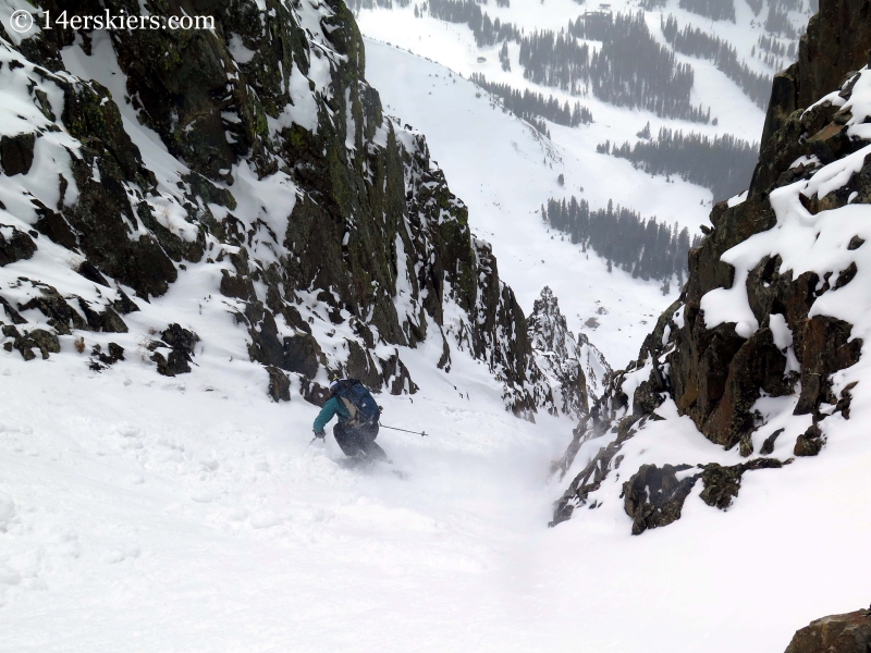 Susan Mol backcountry skiing on Shit for Brains Couloir